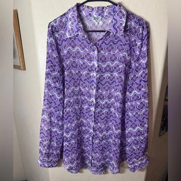 Princess Polly Purple Retro Floral Button Up Sheer Long Sleeve Blouse US 12 - Picture 1 of 7